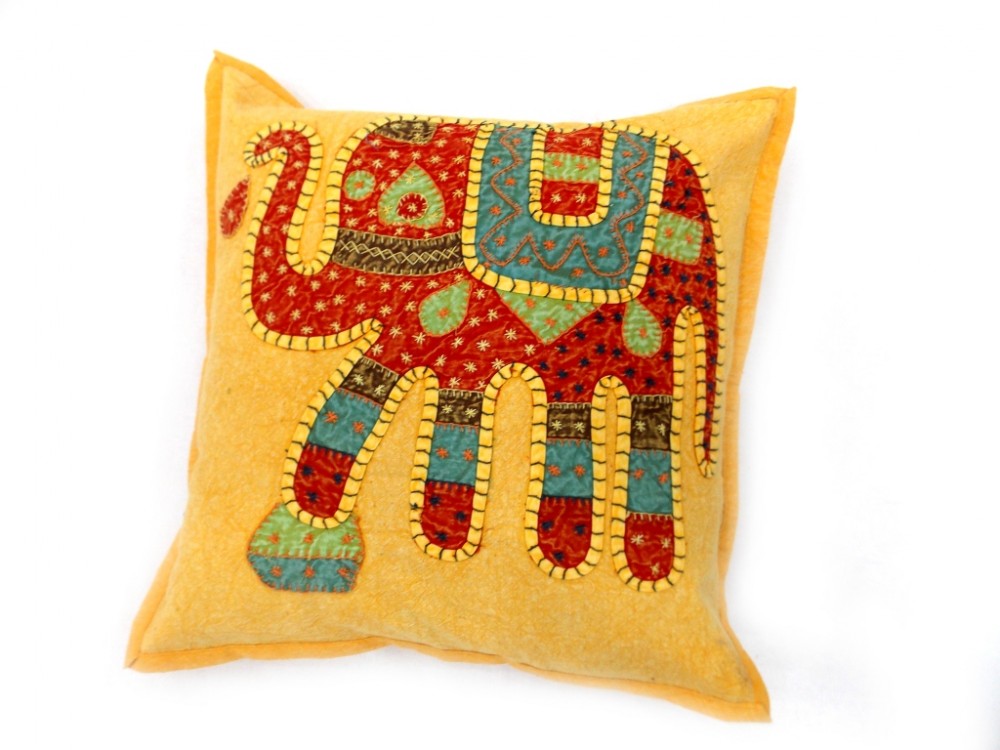 JAIPURI CUSHION COVER PILLOW CASE ELEPHANT DESIGN COTTON FABRIC RED YELLOW COLOR SIZE 17x17 INCH